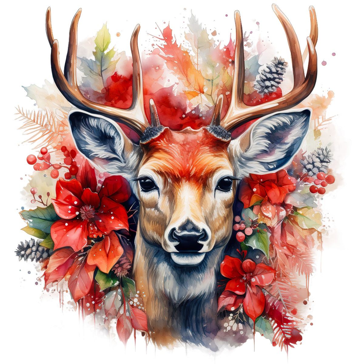 Deer head with antlers surrounded by festive leaves and red flowers.