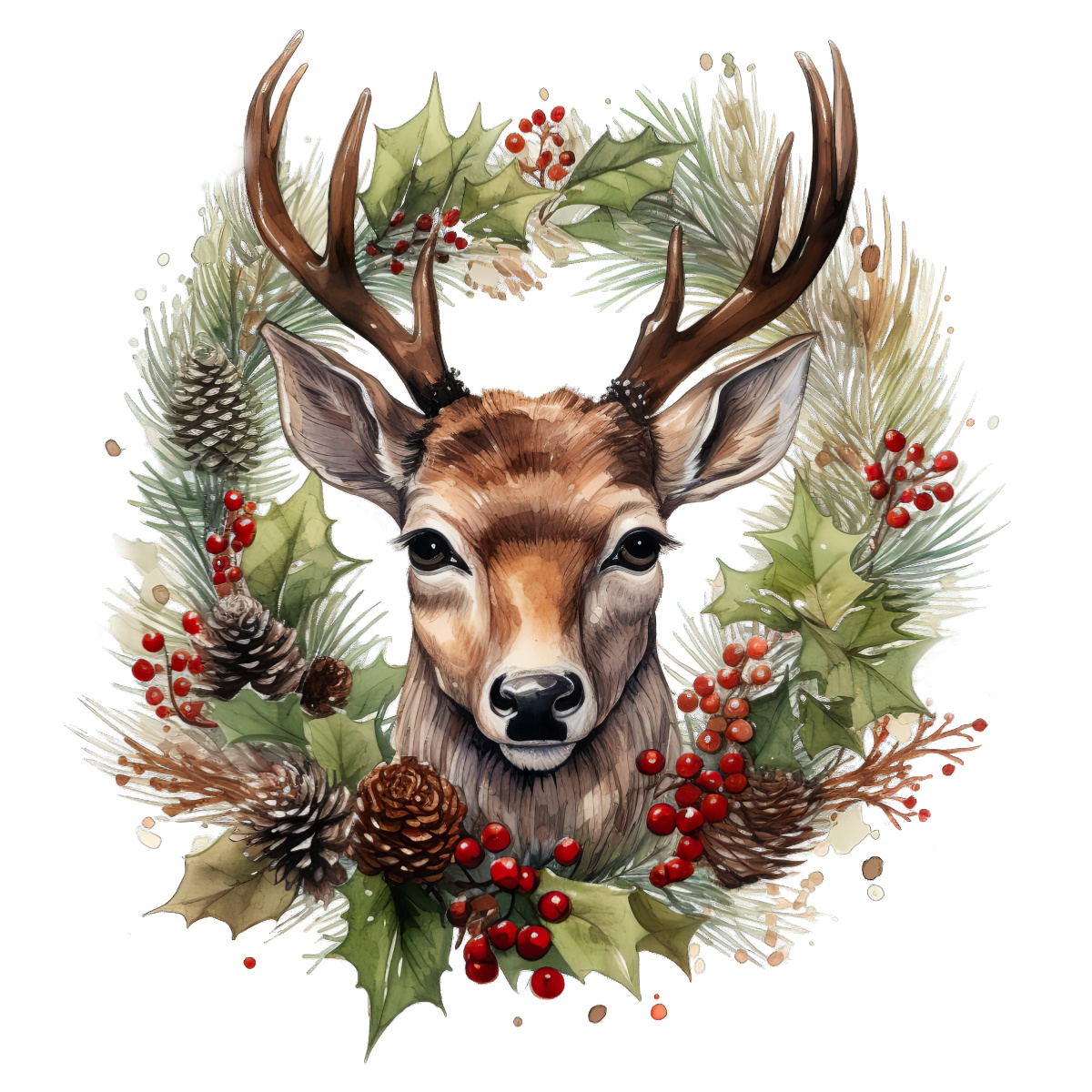 Deer with antlers surrounded by a holiday wreath of berries and leaves.