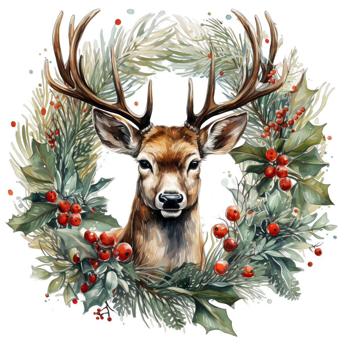 Deer with antlers surrounded by a festive holiday wreath of pine and holly.