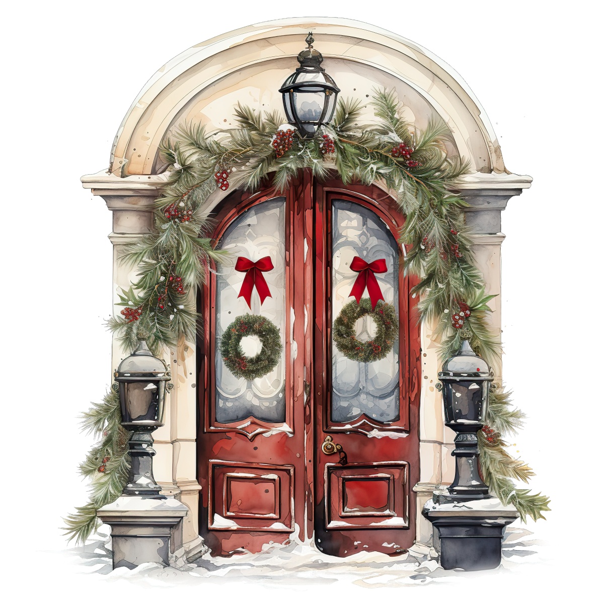Elegant doorway with festive pine garlands, wreaths, and red bows for Christmas.