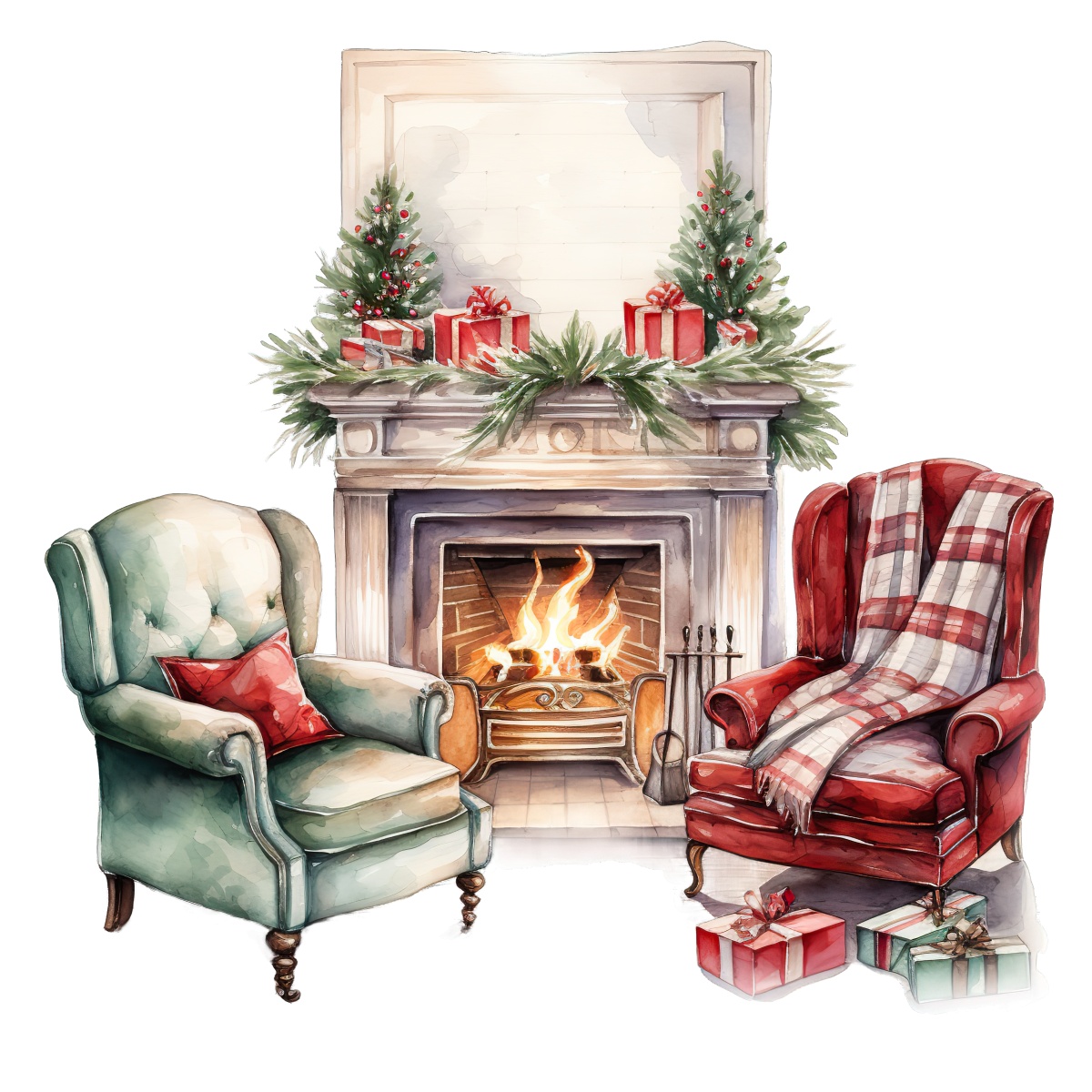 Festive fireplace scene with red and green chairs and Christmas decorations.