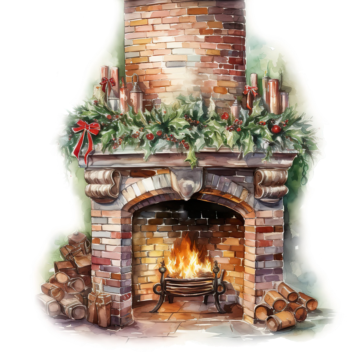 Brick fireplace with festive garland and burning logs, symbolizing holiday warmth.