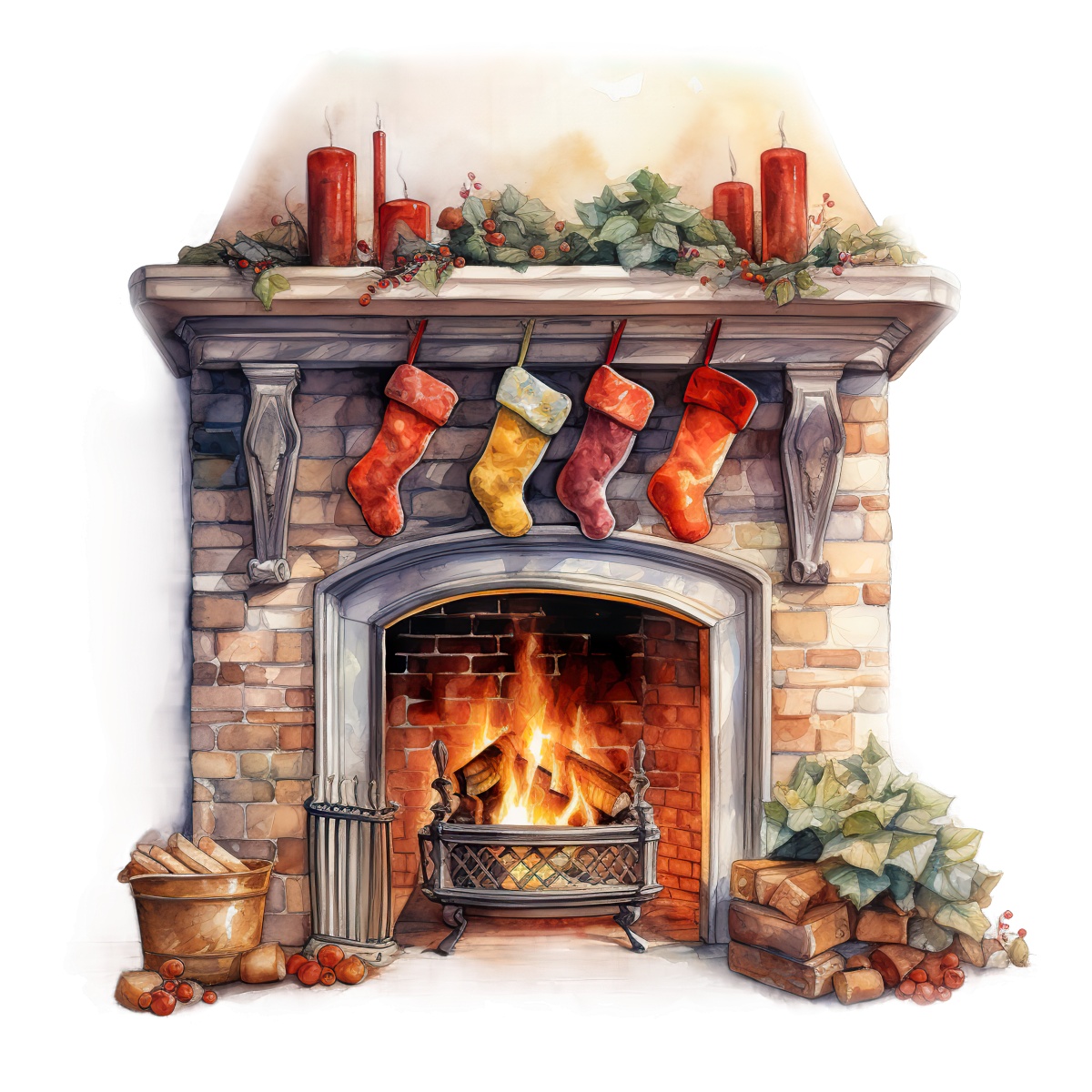 Brick fireplace with stockings and decorative holiday items on the mantel.