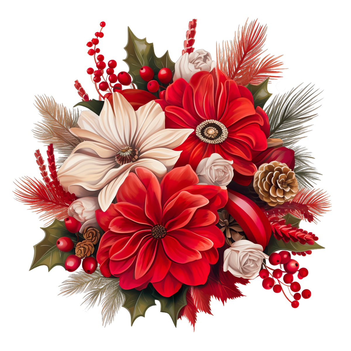 Festive floral arrangement with red flowers, pine cones, and holly leaves.