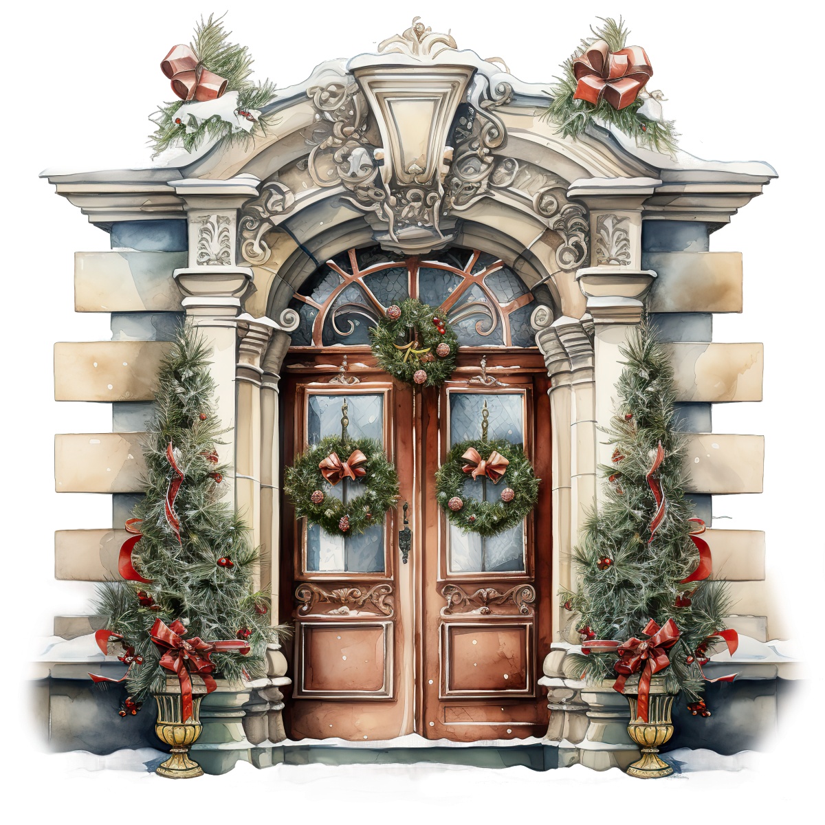 Festive front door with holiday wreaths, greenery, and decorative elements for the season.