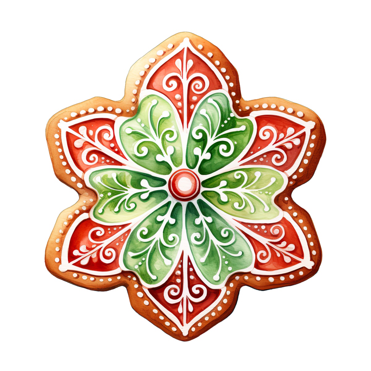 Gingerbread cookie featuring an intricate red, white, and green icing design.
