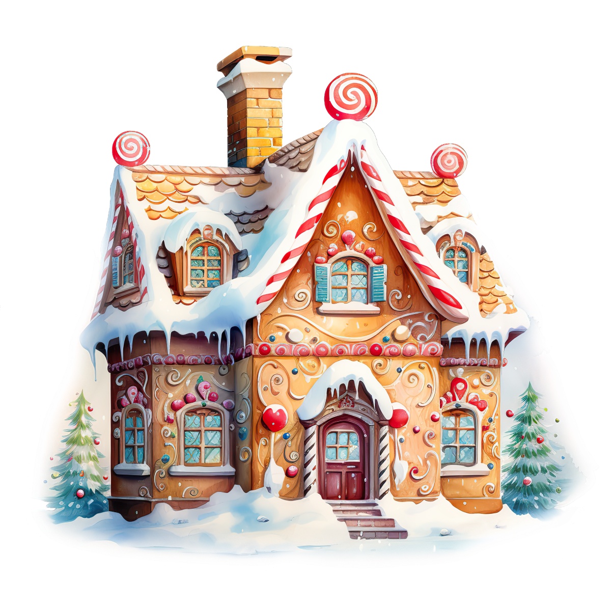 Gingerbread house with candy decorations and snow, featuring candy canes.