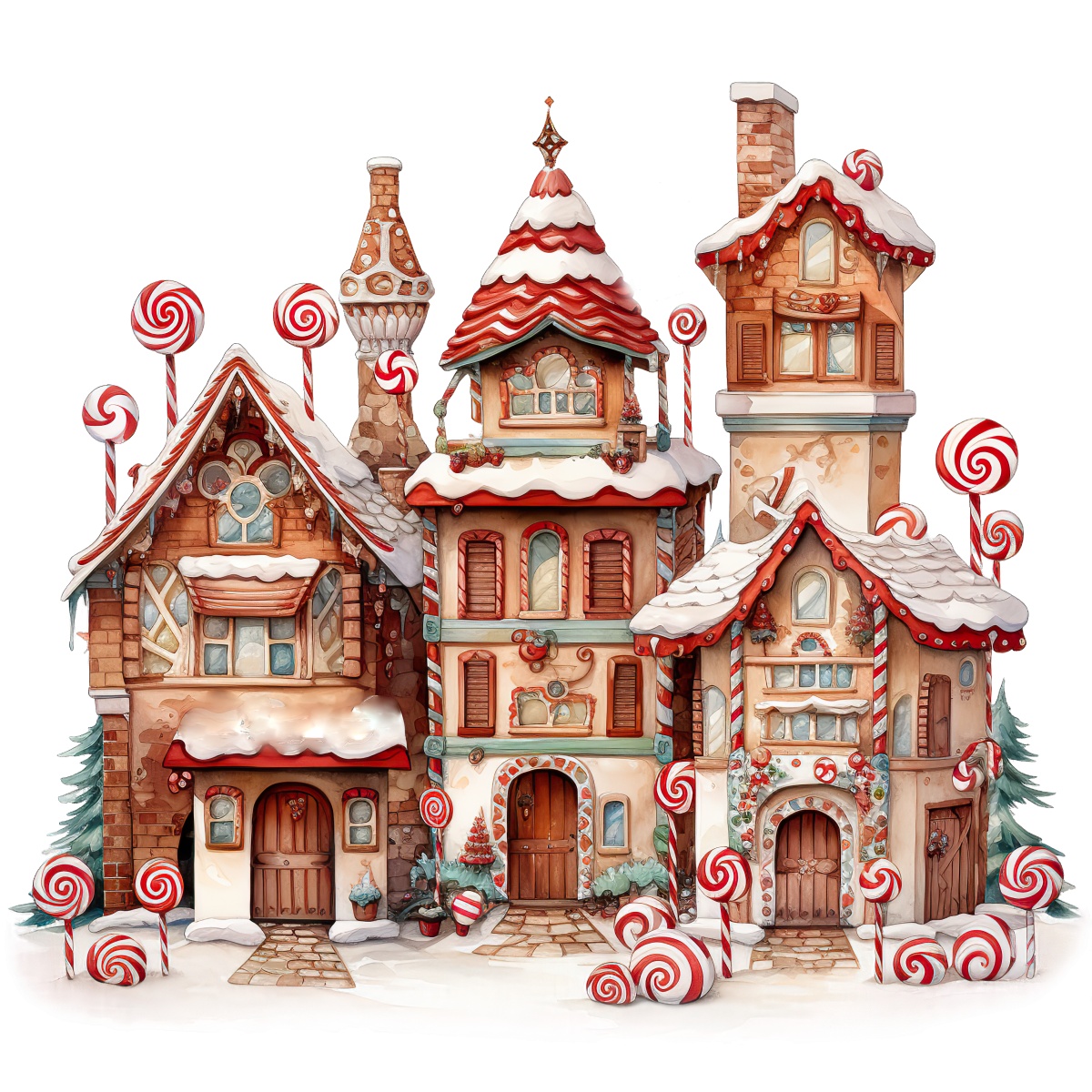 Gingerbread house village with red and white lollipop decorations on a snowy setting.