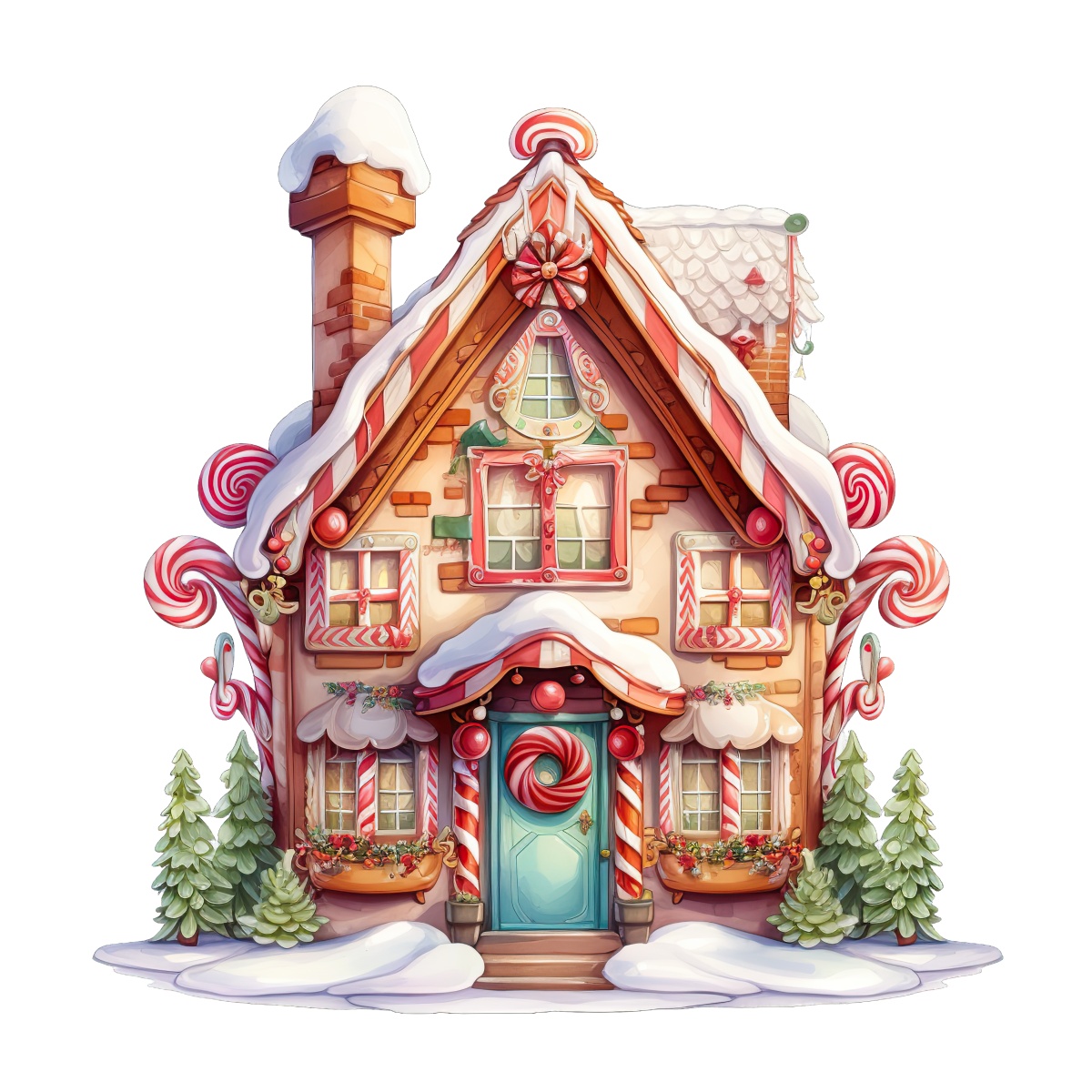 Gingerbread house decorated with candy canes, peppermints, and snow details.