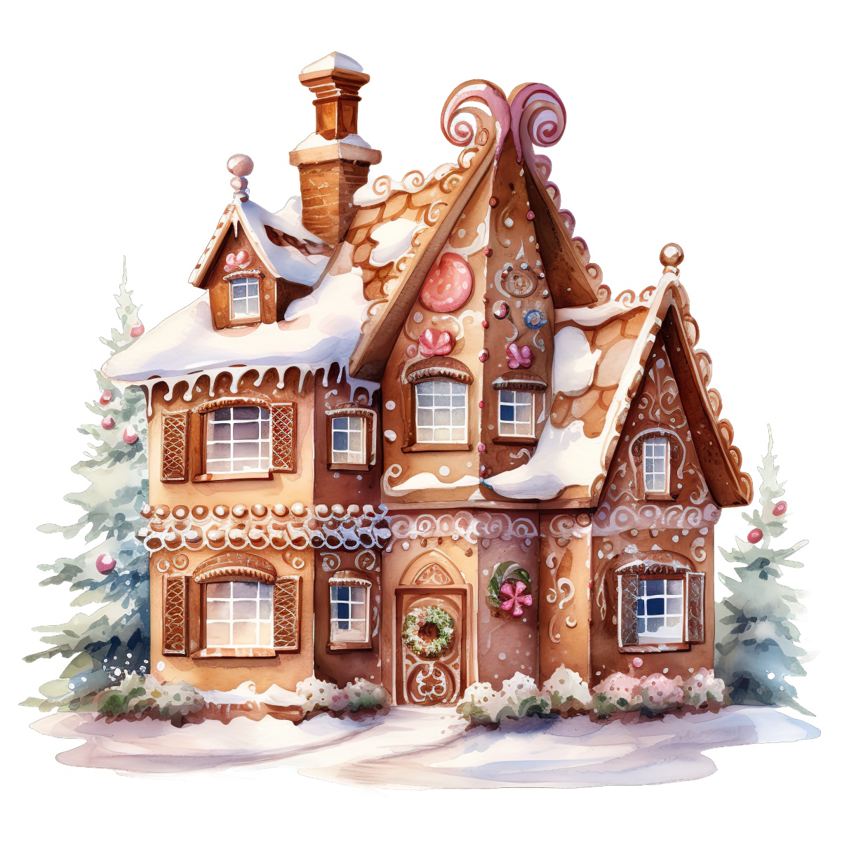 Gingerbread house with icing details and candy decorations, surrounded by snow-covered trees.