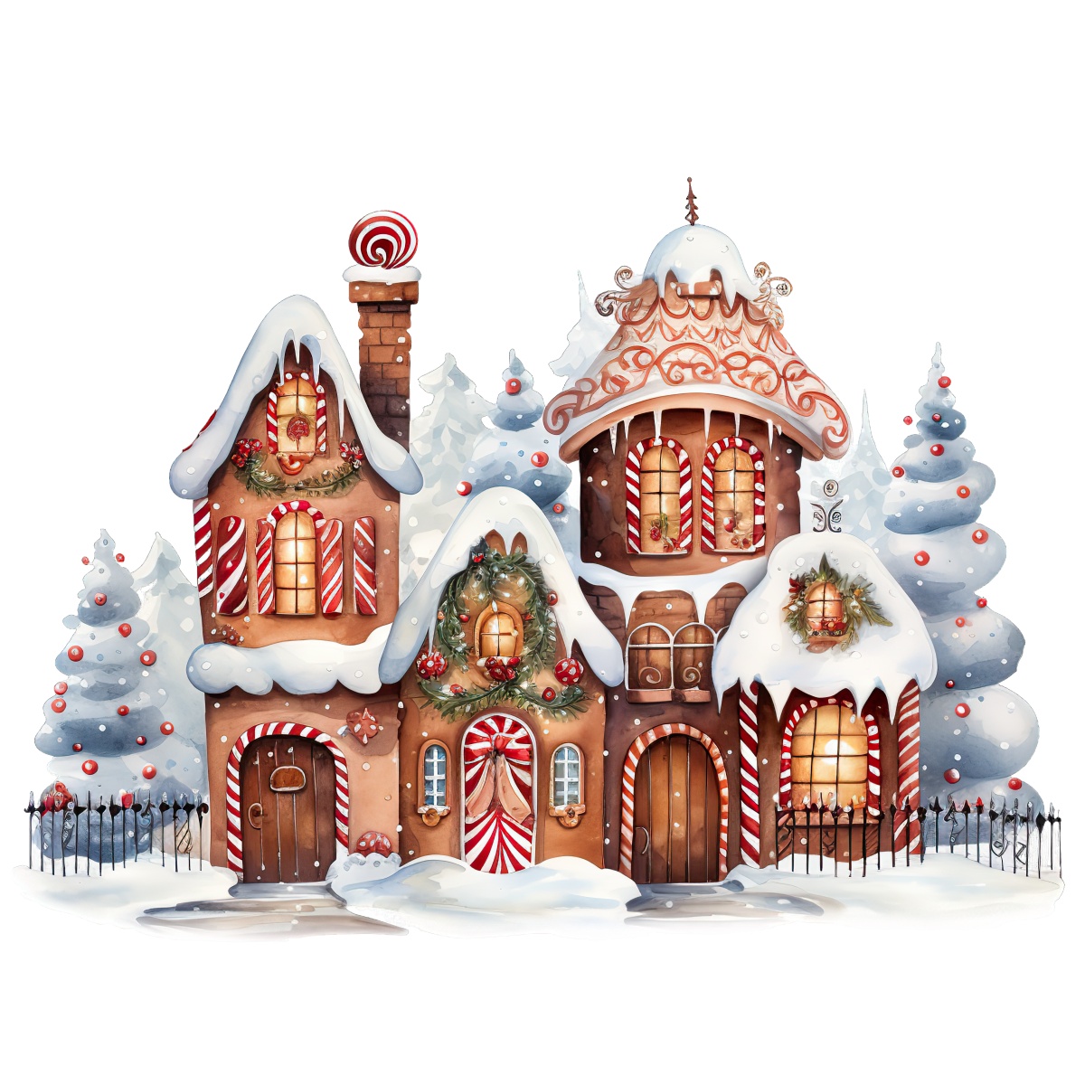 Gingerbread house adorned with holiday decorations and surrounded by snowy trees.
