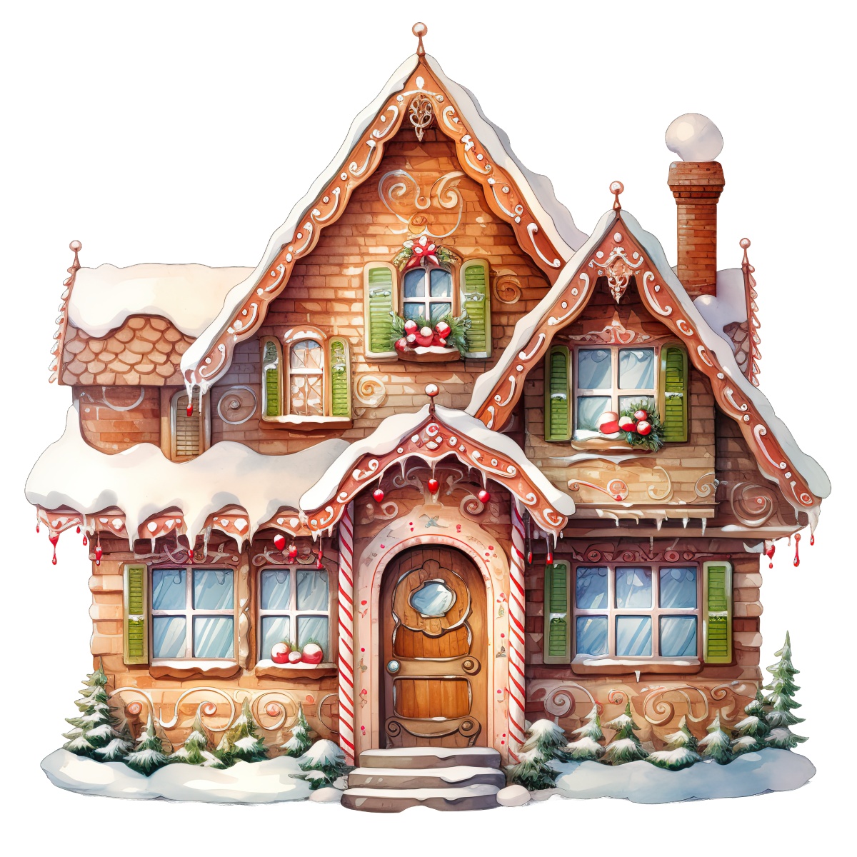 Gingerbread house with snow toppings and Christmas decorations, including green shutters and candy cane accents.