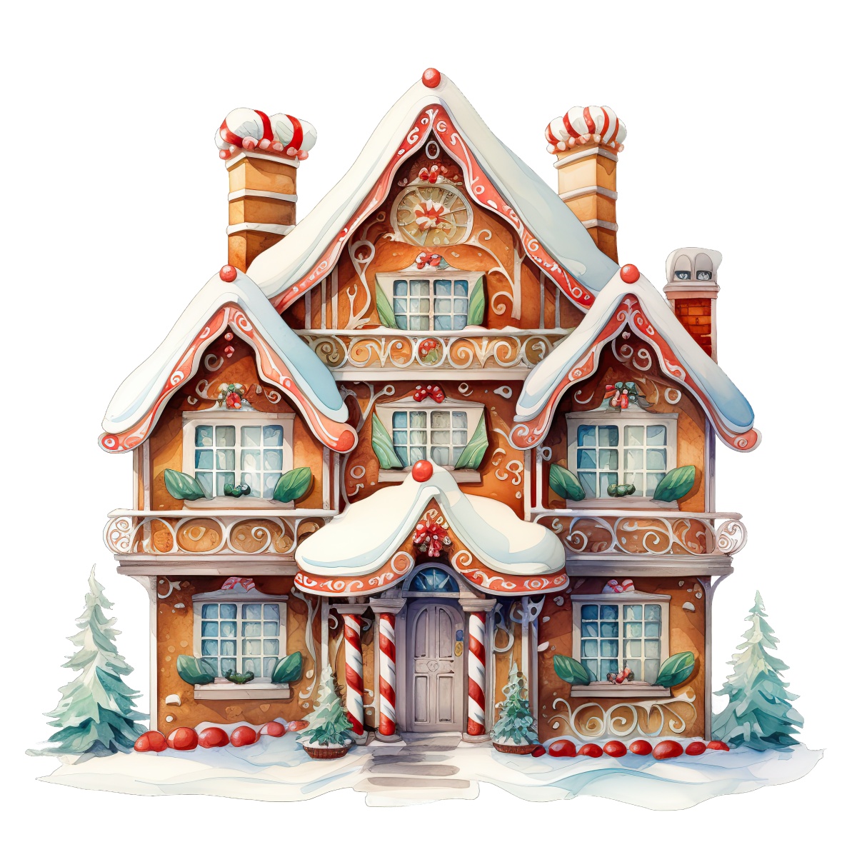 Gingerbread house with snow-covered roof and candy decorations set for Christmas.