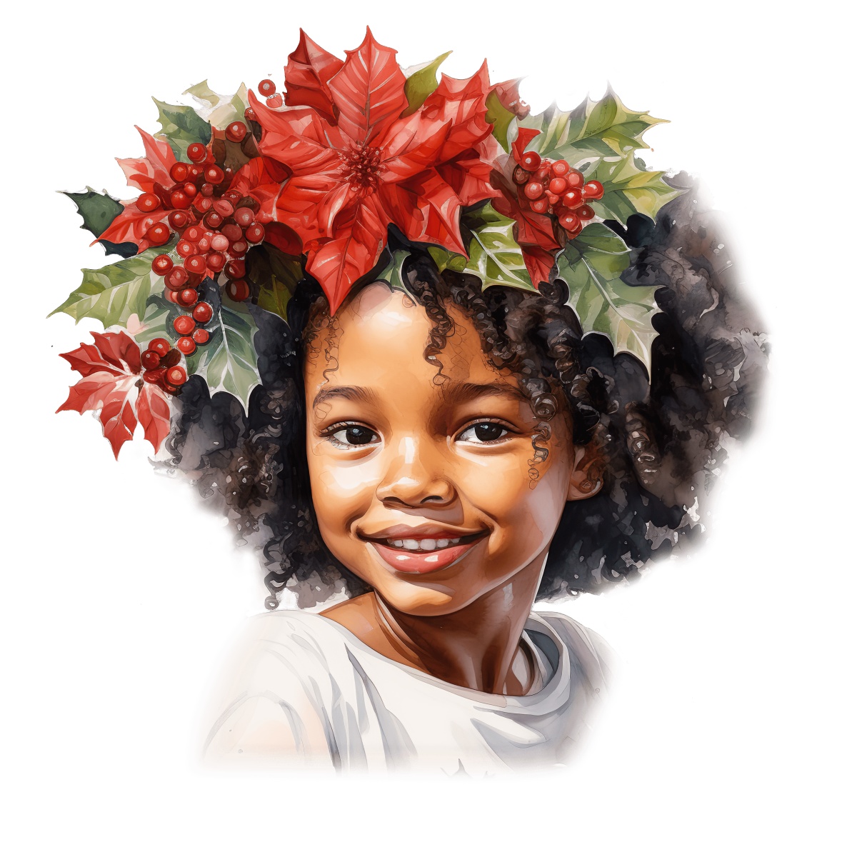 Girl with a Christmas poinsettia and holly headband on a festive theme.