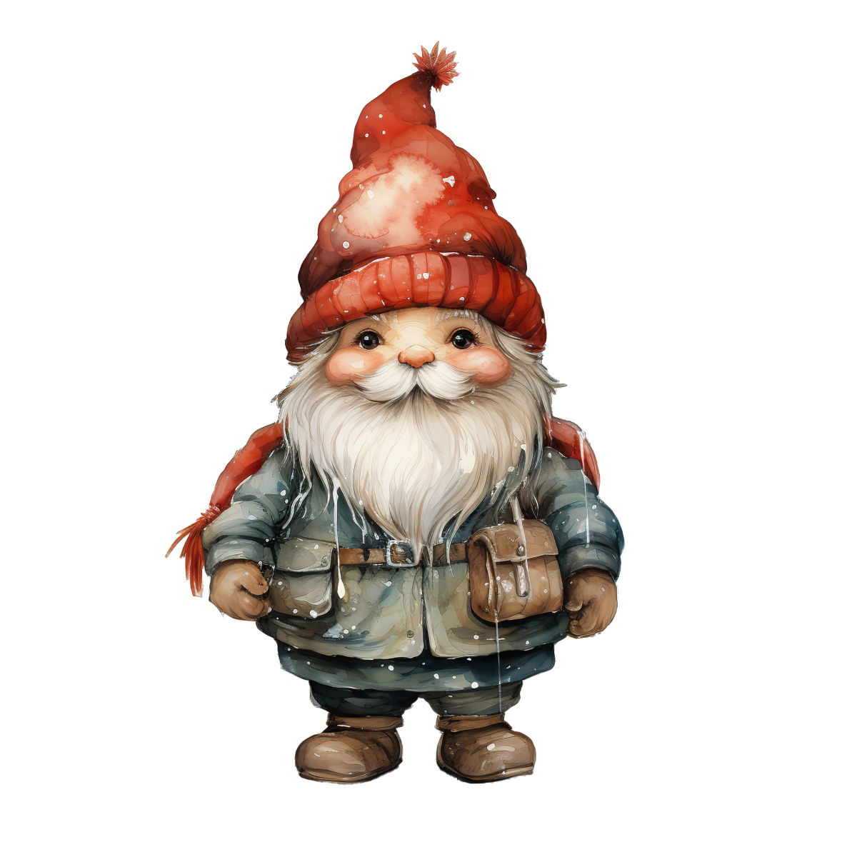 Gnome in red hat and winter clothes, holding a small bag.