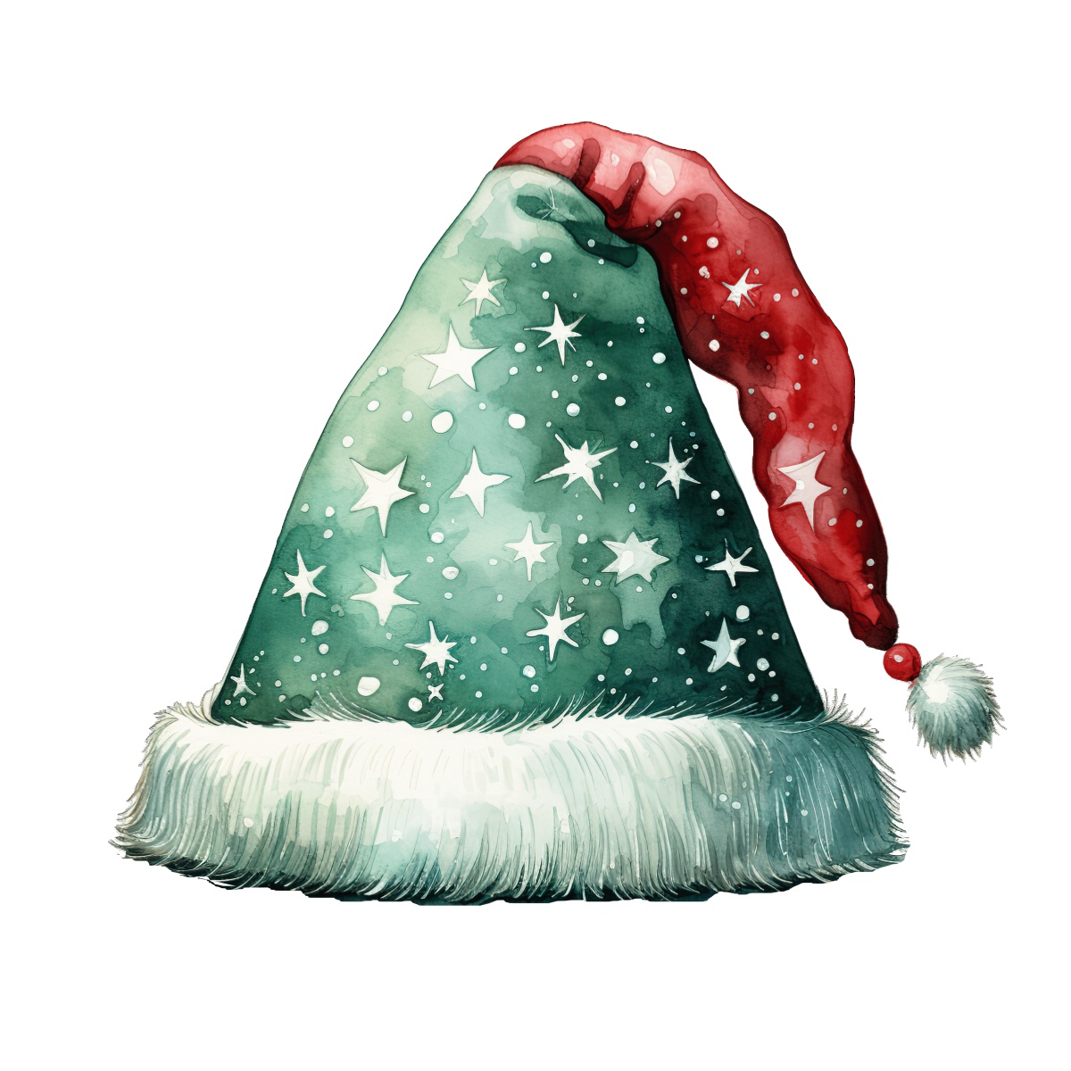 Green and red Christmas hat with star patterns and fluffy trim.