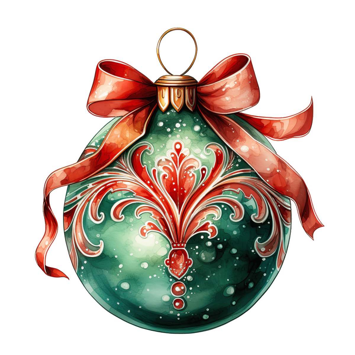 Green Christmas ornament adorned with red designs and a large bow.