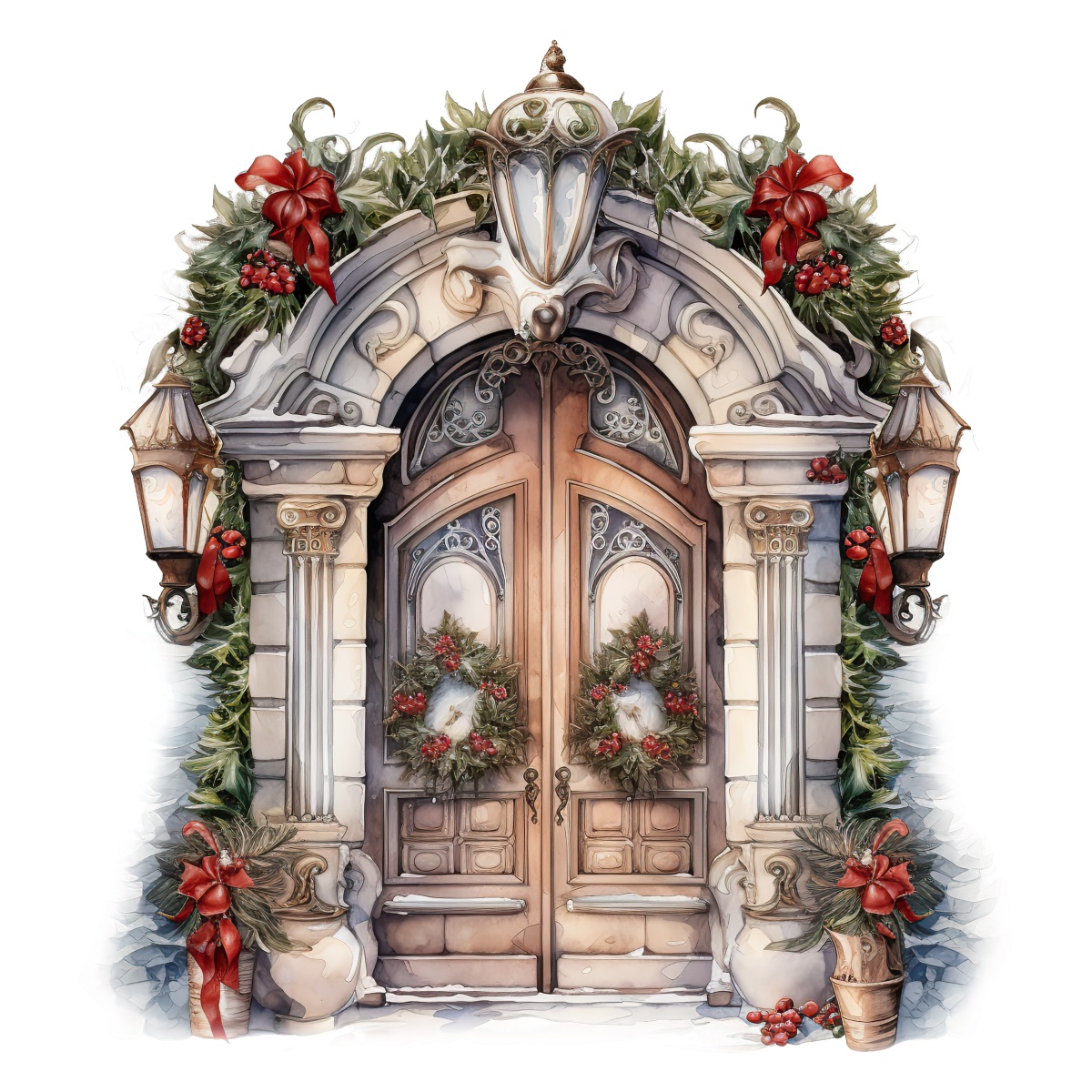Decorative wooden doors adorned with holiday wreaths and festive garland.
