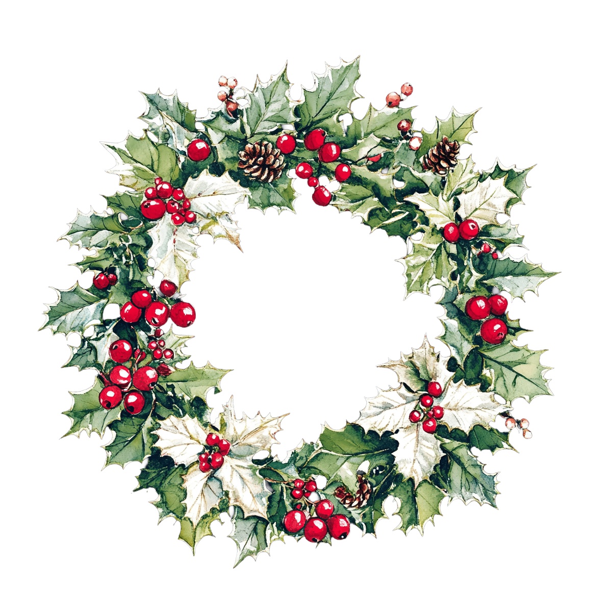 Holiday wreath with green leaves, red berries, and pine cones on a black background.