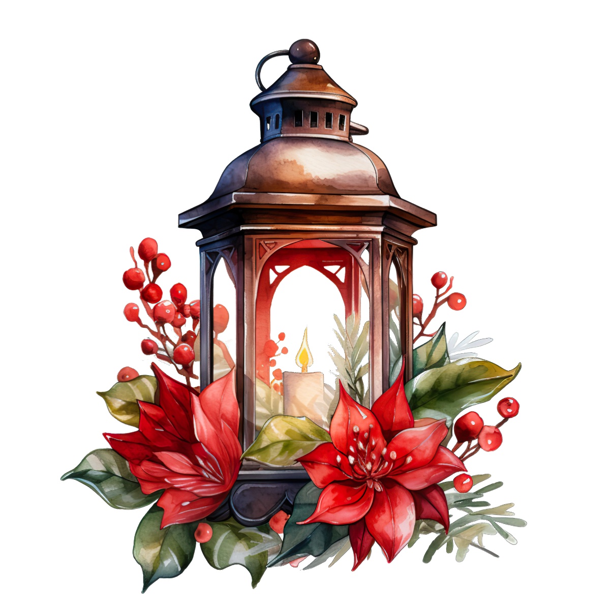 Lantern with candle surrounded by red poinsettias and green leaves.