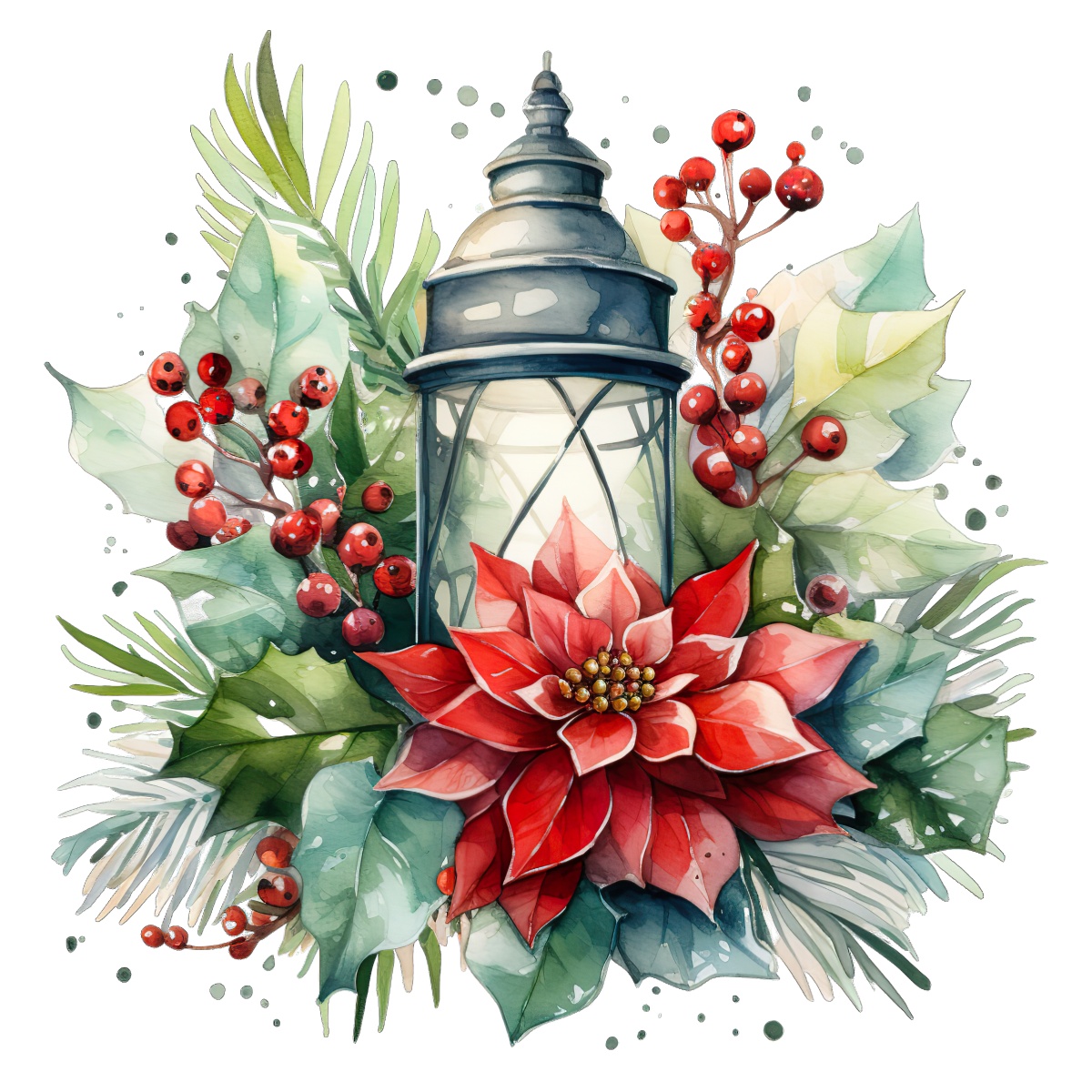 Holiday lantern with a poinsettia and evergreen arrangement for Christmas decor.