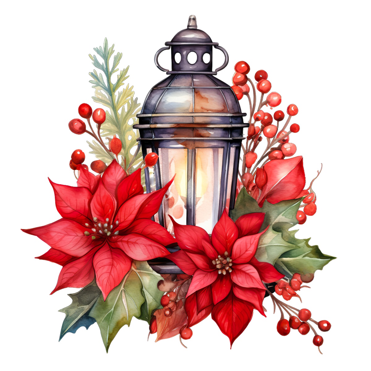 Lantern decorated with red poinsettias and holly berries for festive holidays.