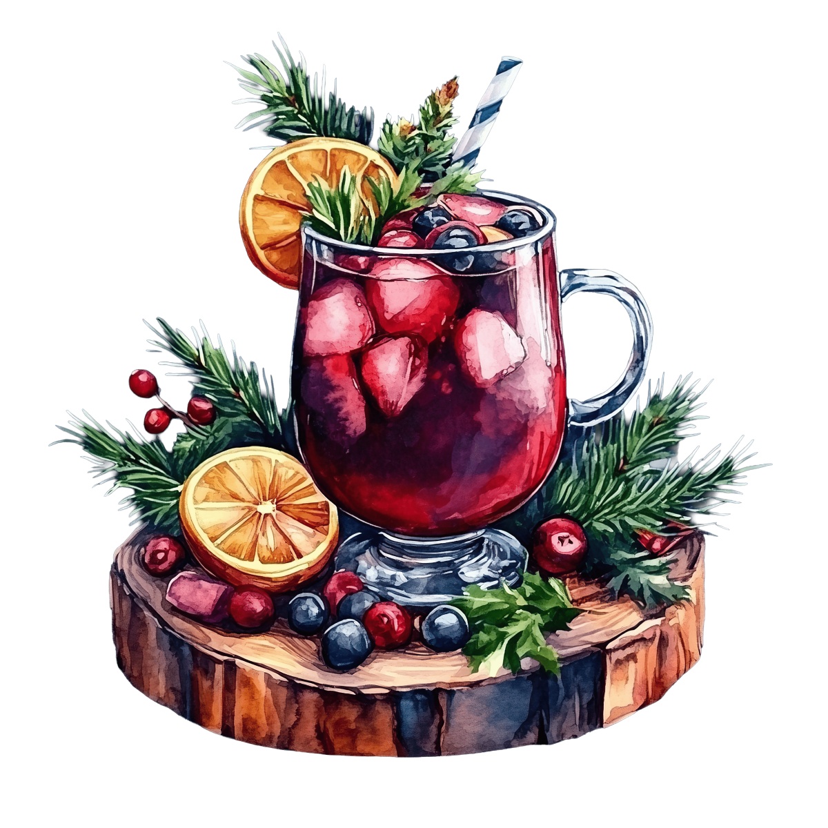Mulled wine in a glass with berries and orange slices on a wooden base.