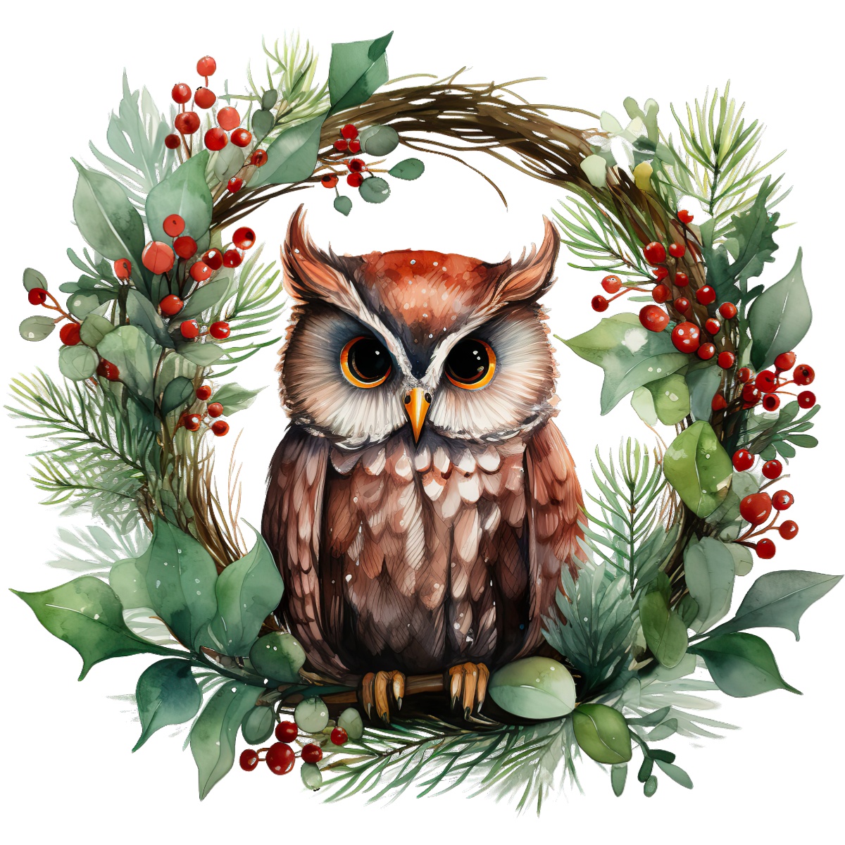Owl sitting in a Christmas wreath with pine branches and red berries.
