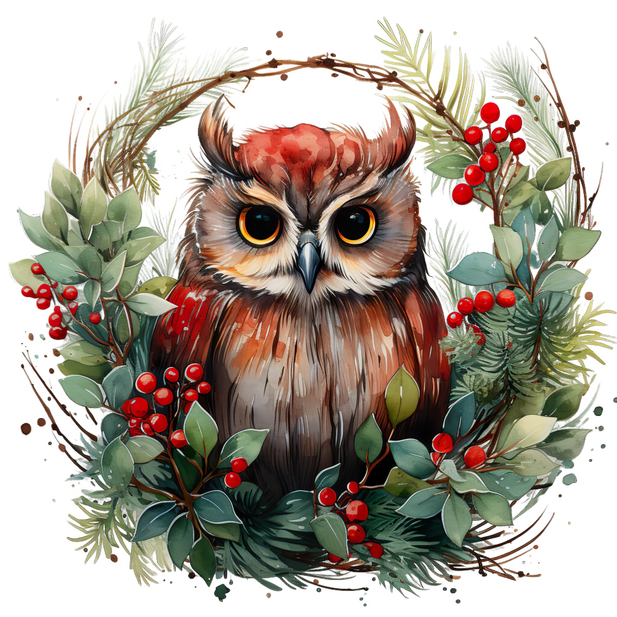 Illustration of an owl surrounded by pine branches and red berries in a wreath.