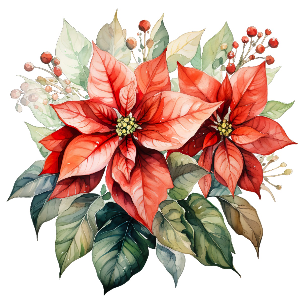 Red poinsettia blossoms with green leaves in a festive watercolor illustration.