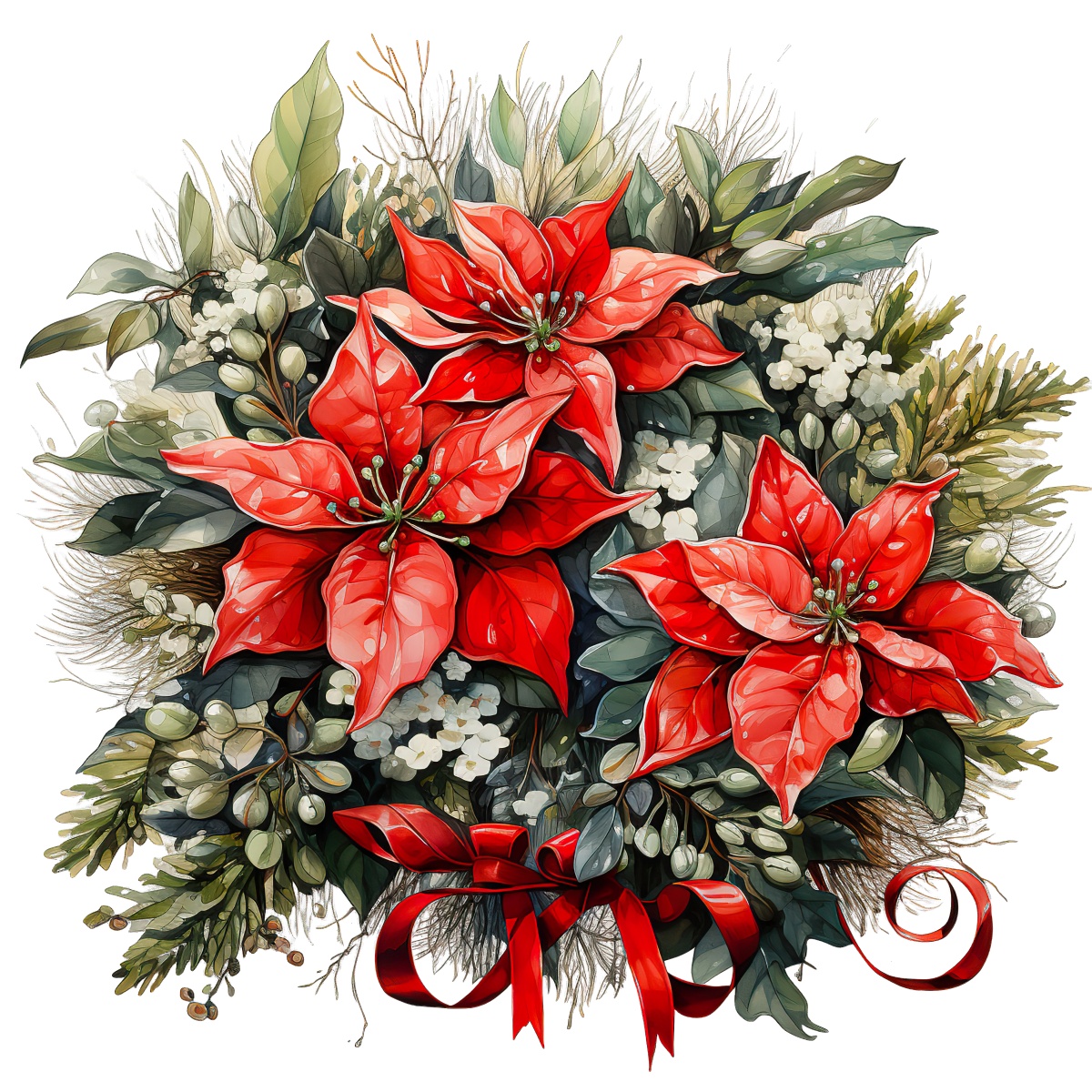 Poinsettia bouquet featuring red flowers, greenery, and a decorative red ribbon.