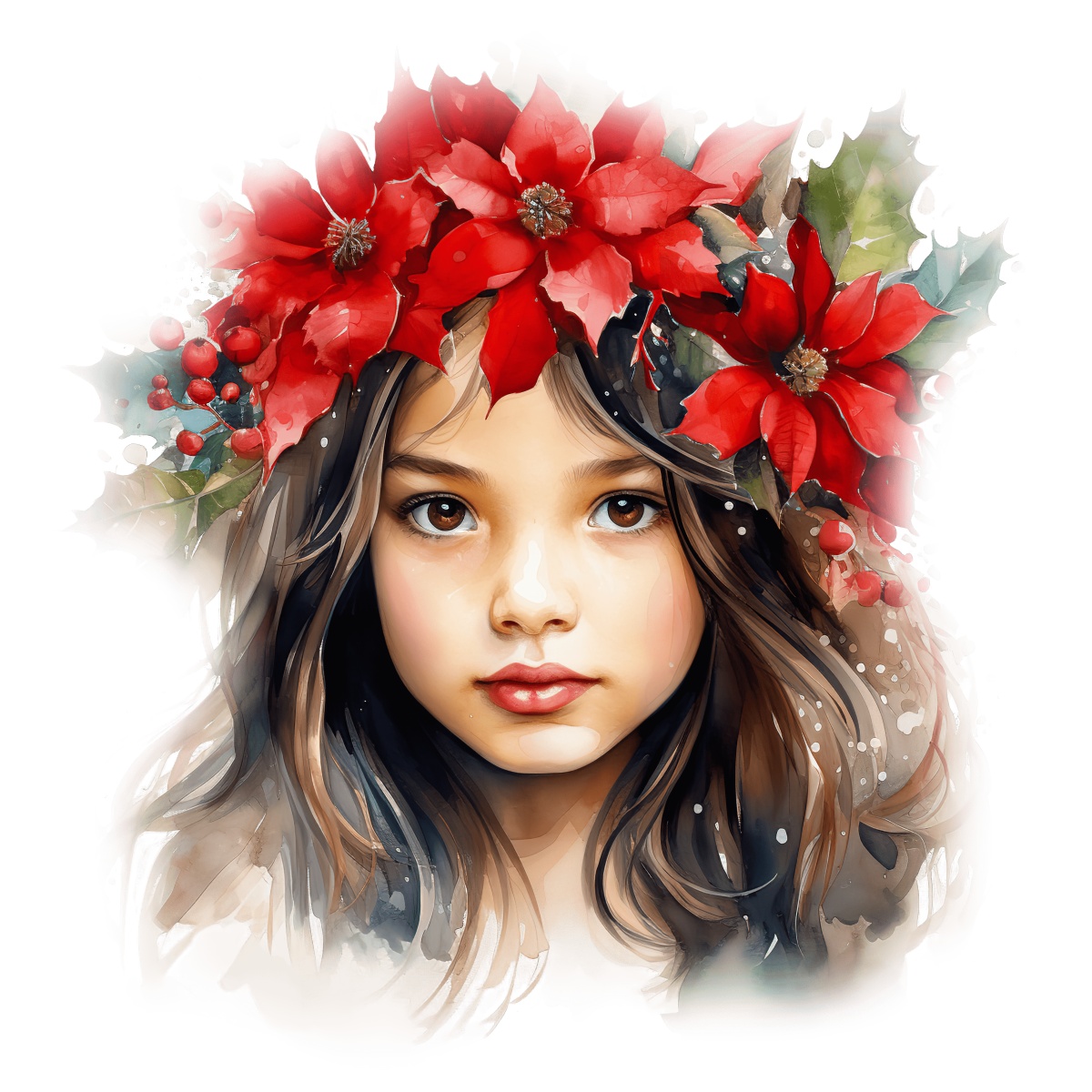 Girl wearing poinsettia and holly crown, representing festive holiday theme.