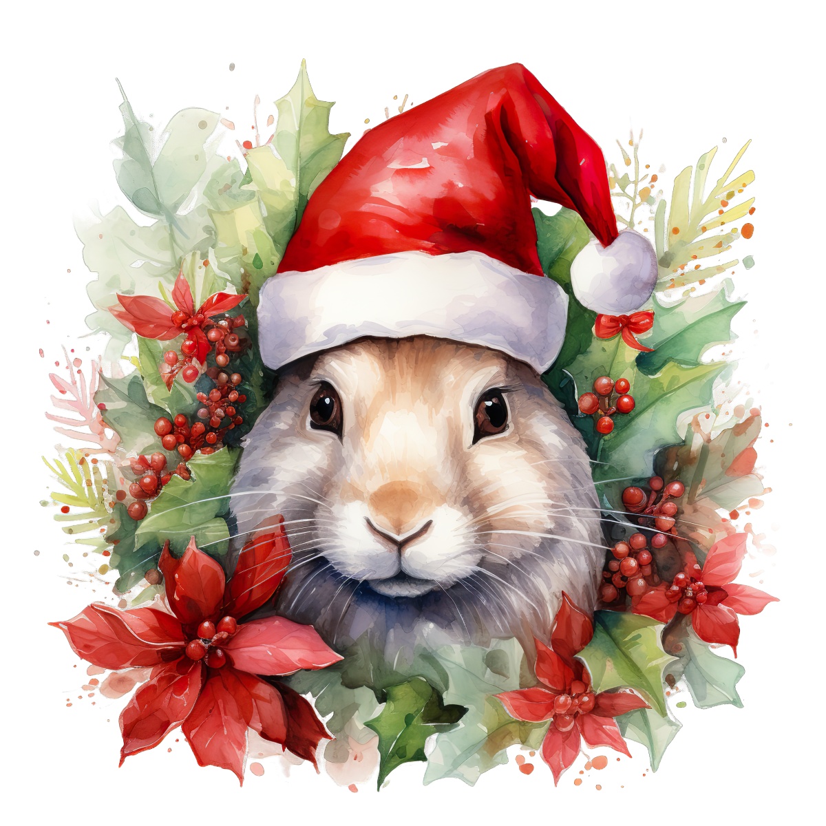 Rabbit in Santa hat surrounded by Christmas plants and red flowers.