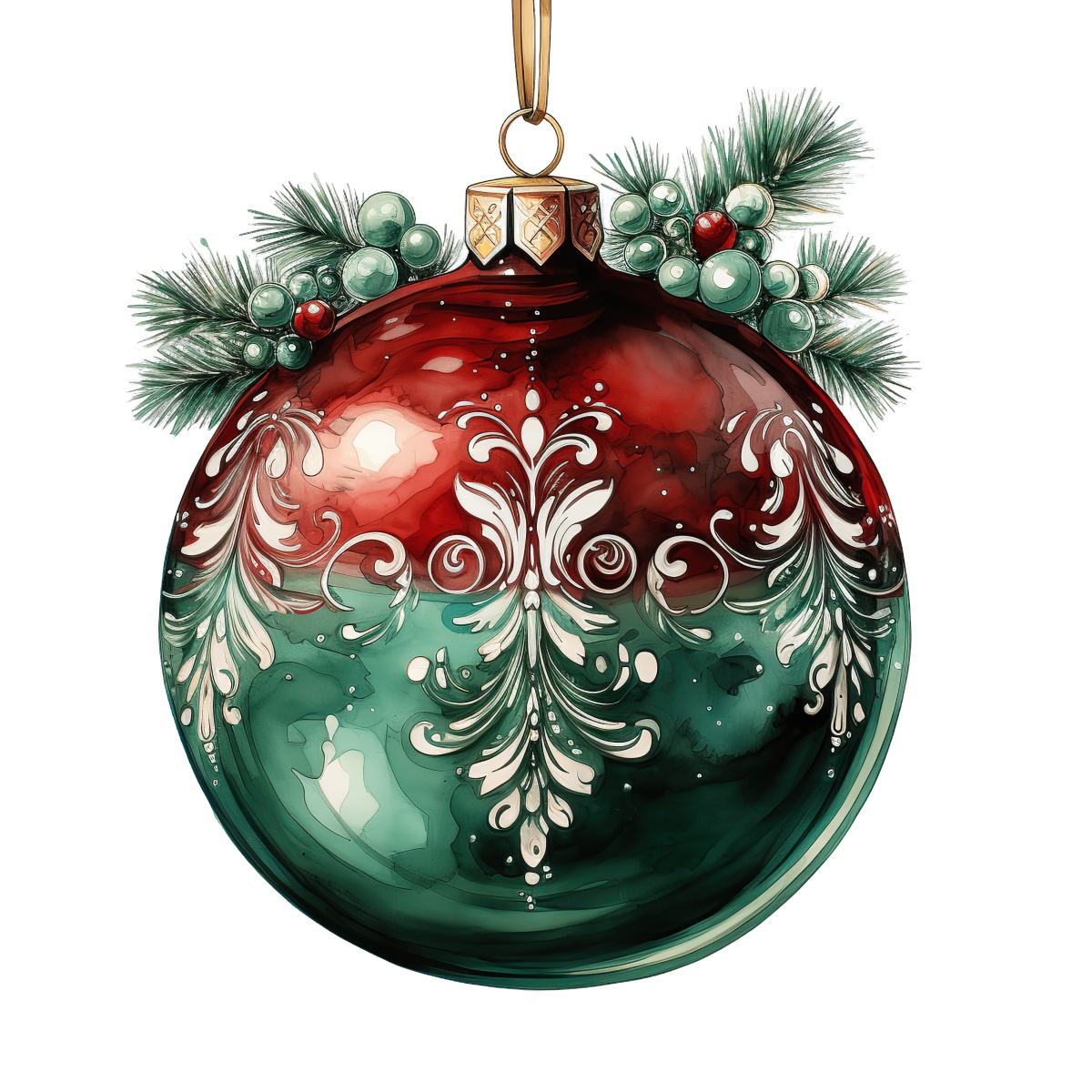 Red and green Christmas ornament with white patterns and pine sprigs.