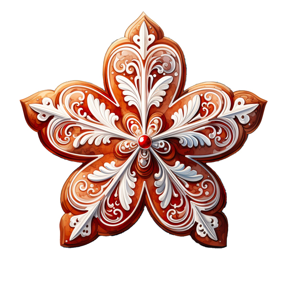 Festive gingerbread-style ornament featuring intricate red and white patterns.
