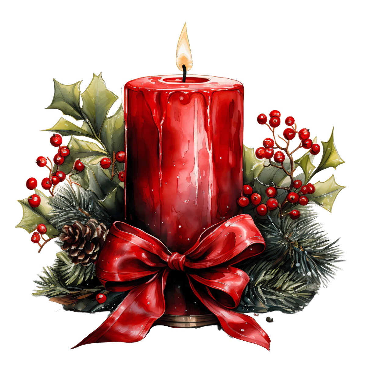Red candle decorated with holly, ribbon, and pine elements for Christmas.