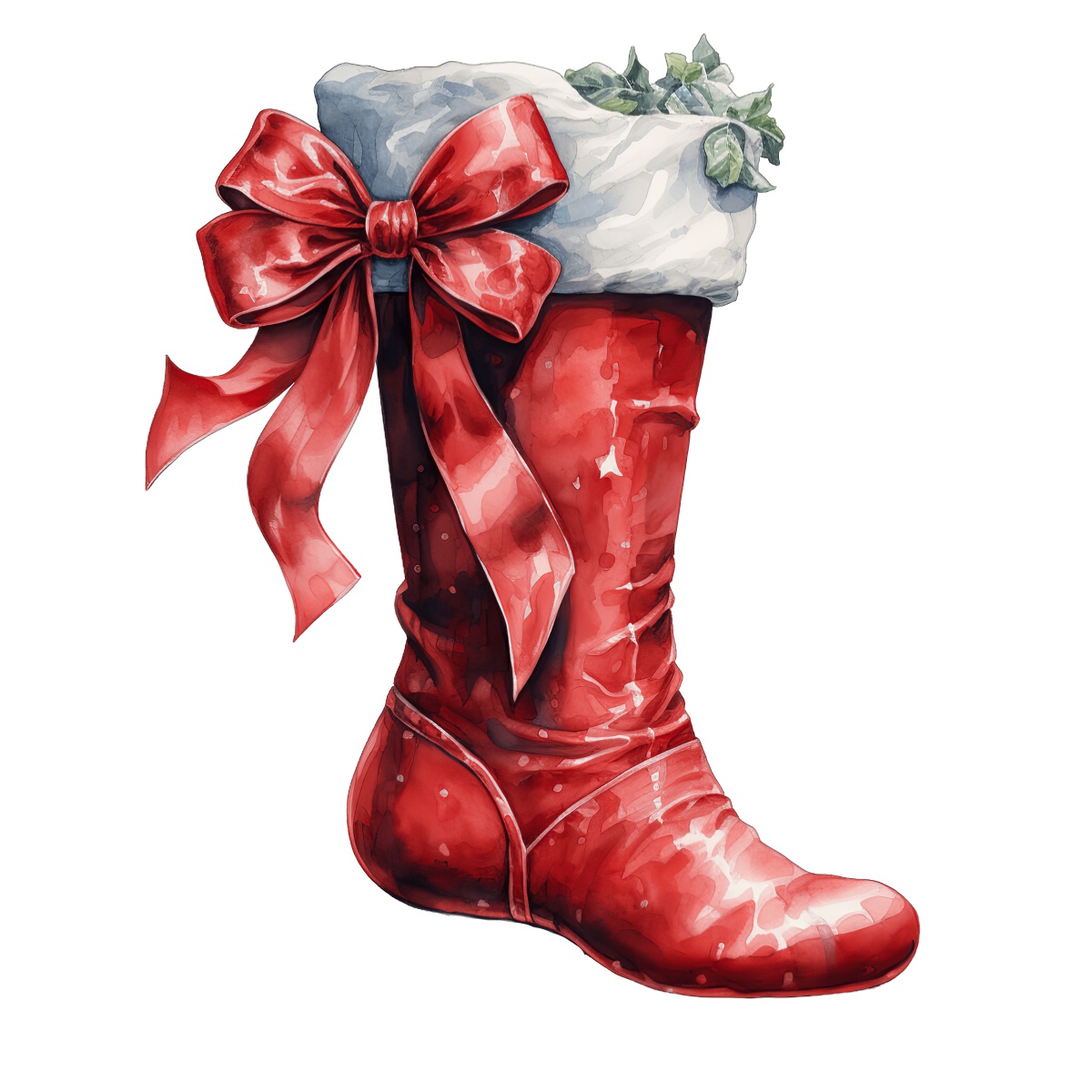 Red Christmas boot with a bow and white frosted trim for holiday decor.
