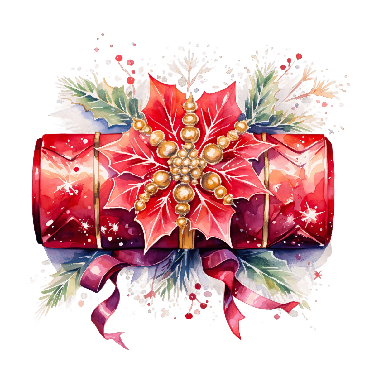 Festive red Christmas cracker with gold beads and holly decoration.