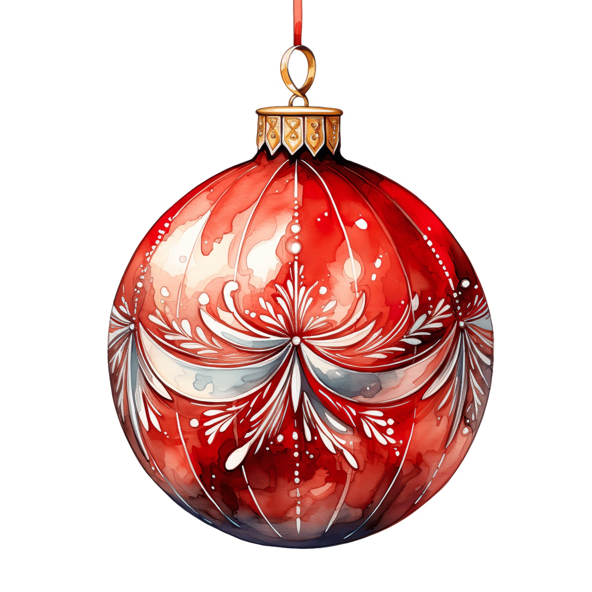 Red Christmas ornament with detailed white floral patterns hanging on a ribbon.