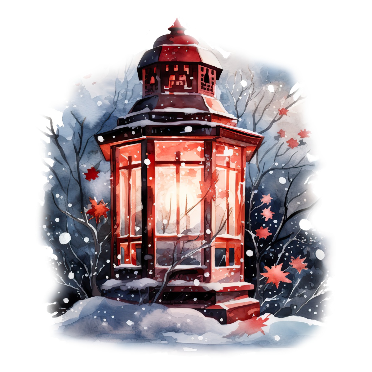 Festive red lantern in a snowy landscape with bare winter trees.