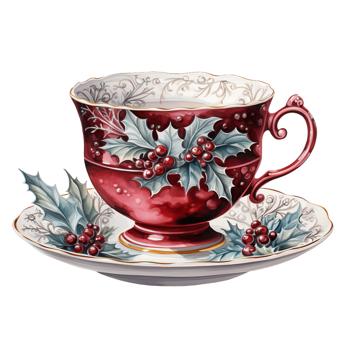 Red tea cup and saucer adorned with holly leaves and berries design.