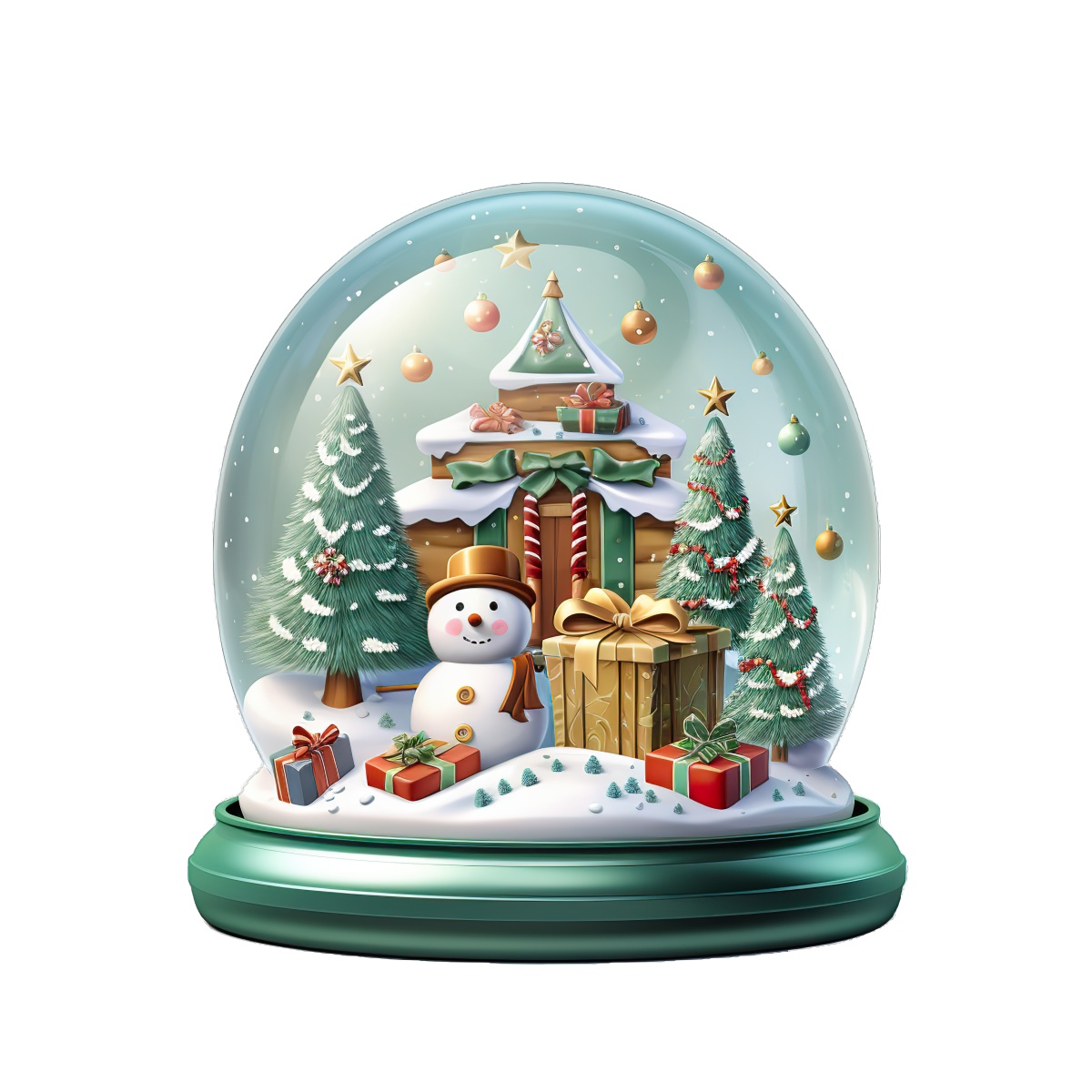 Snow globe with snowman, Christmas trees, and gifts on a snowy base.