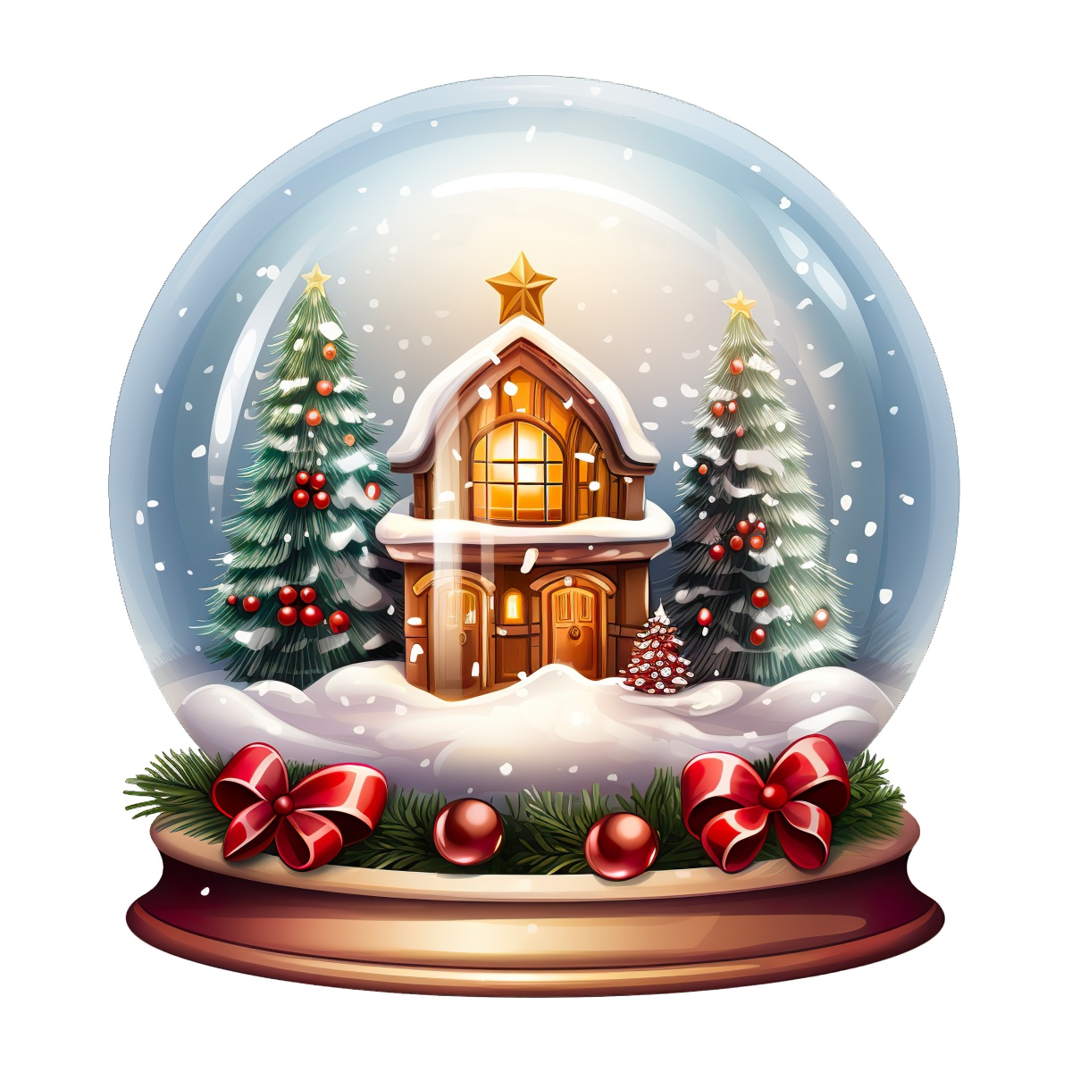 Snow globe with a wooden house and Christmas trees inside, surrounded by snowflakes.