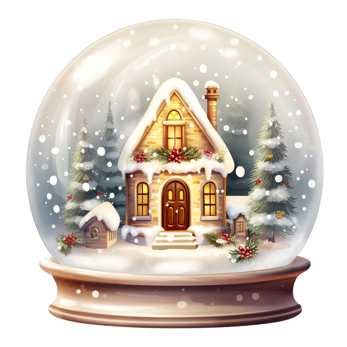 Snow globe illustration depicting a winter cabin surrounded by snowy trees and snowflakes.