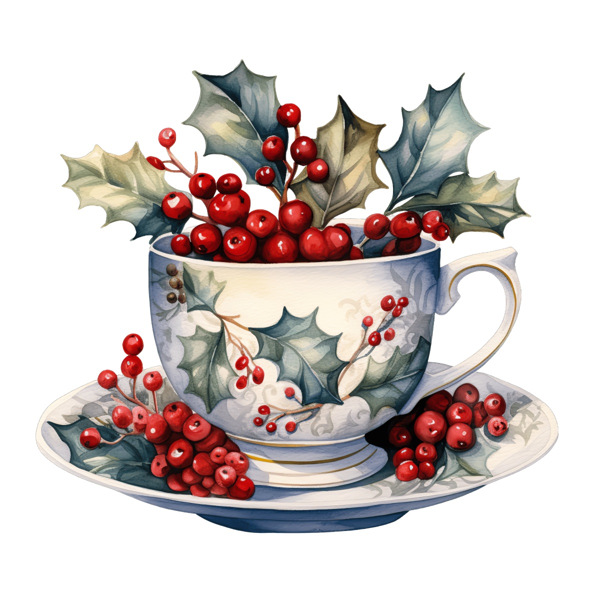 Teacup with holly leaves and red berries symbolizing Christmas holiday decoration.