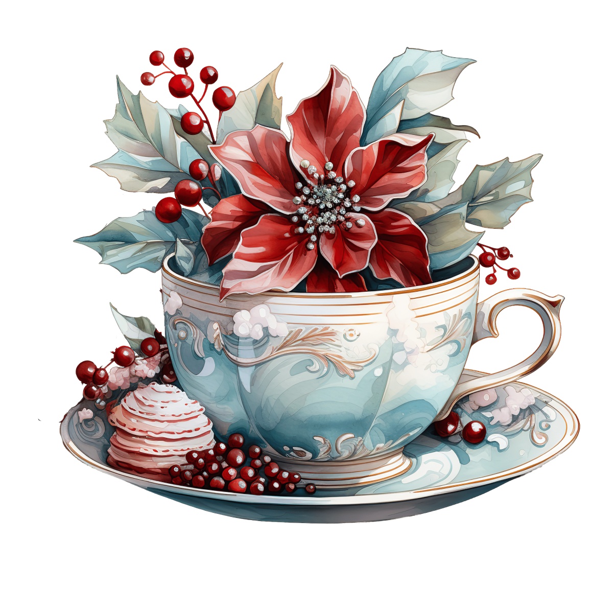 Ornate teacup filled with poinsettia and holly, surrounded by red berries.