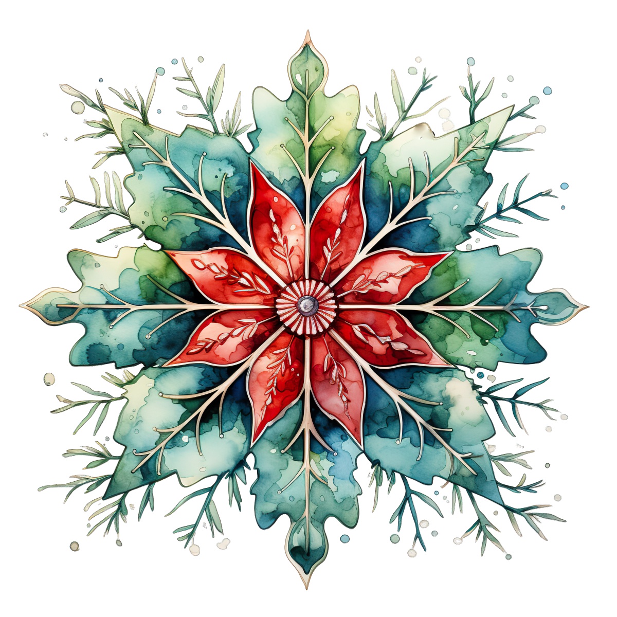 Watercolor snowflake illustration with red and green leaf-like designs.