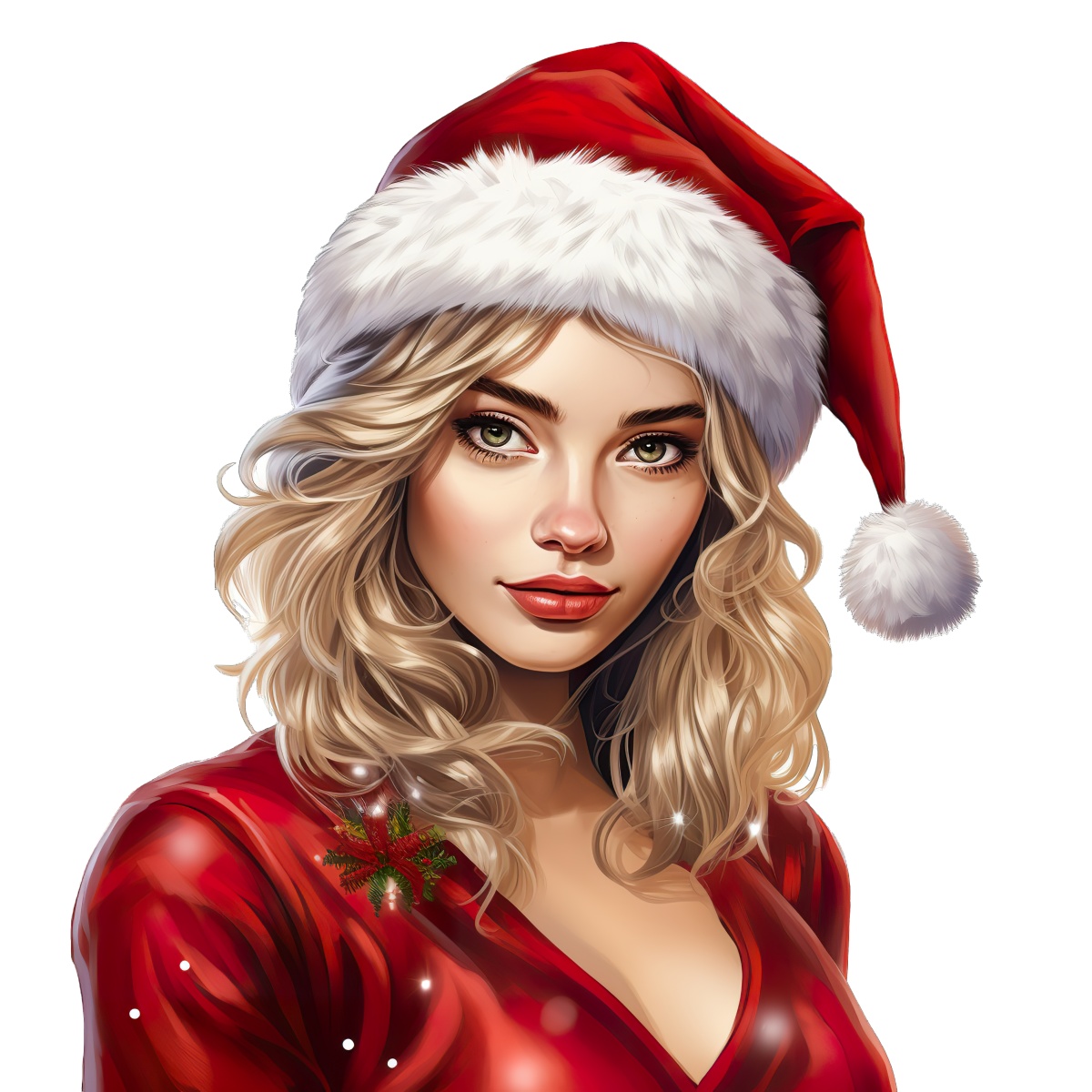 Woman wearing a red Santa hat and outfit with blonde hair and festive decoration.