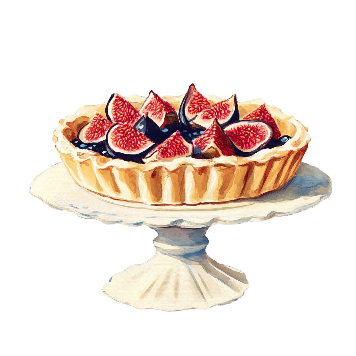 Fig tart with decorative figs on a white cake stand.