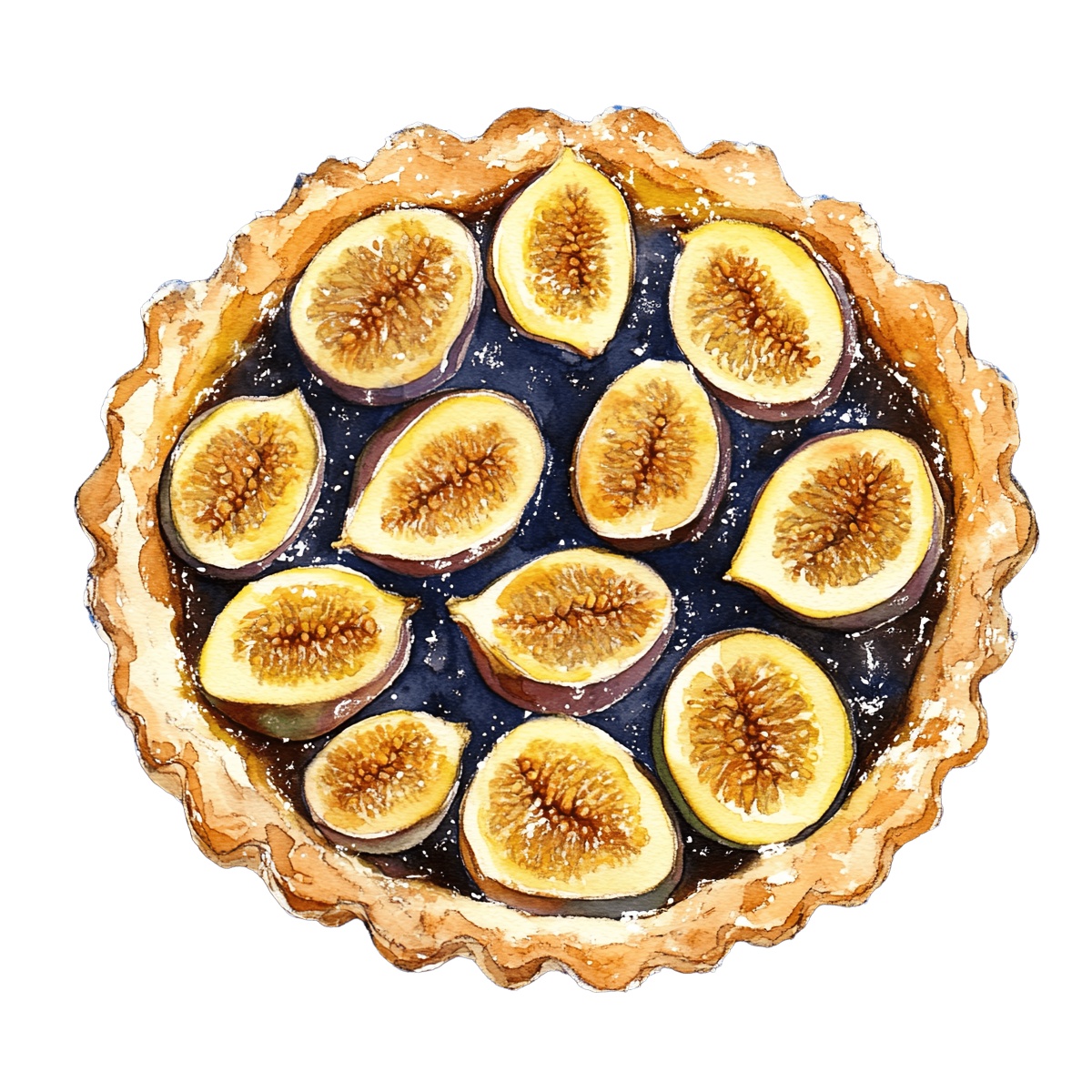 Fig tart with golden slices on a crisp, flaky crust.